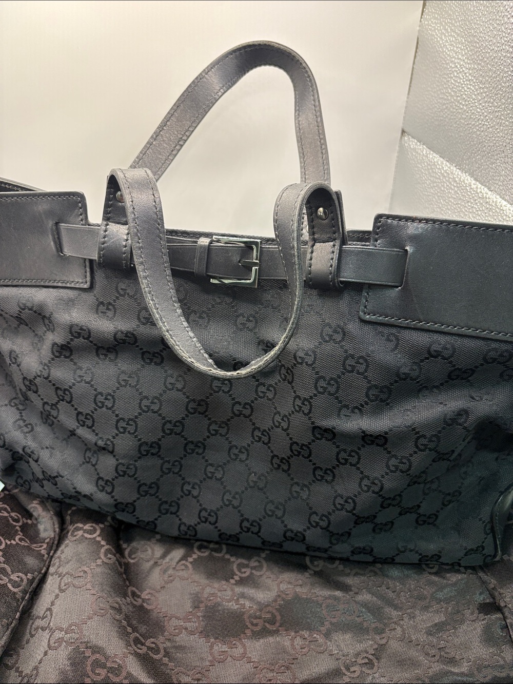 Authentic Gucci Canvas Tote Bag with Buckle Detail